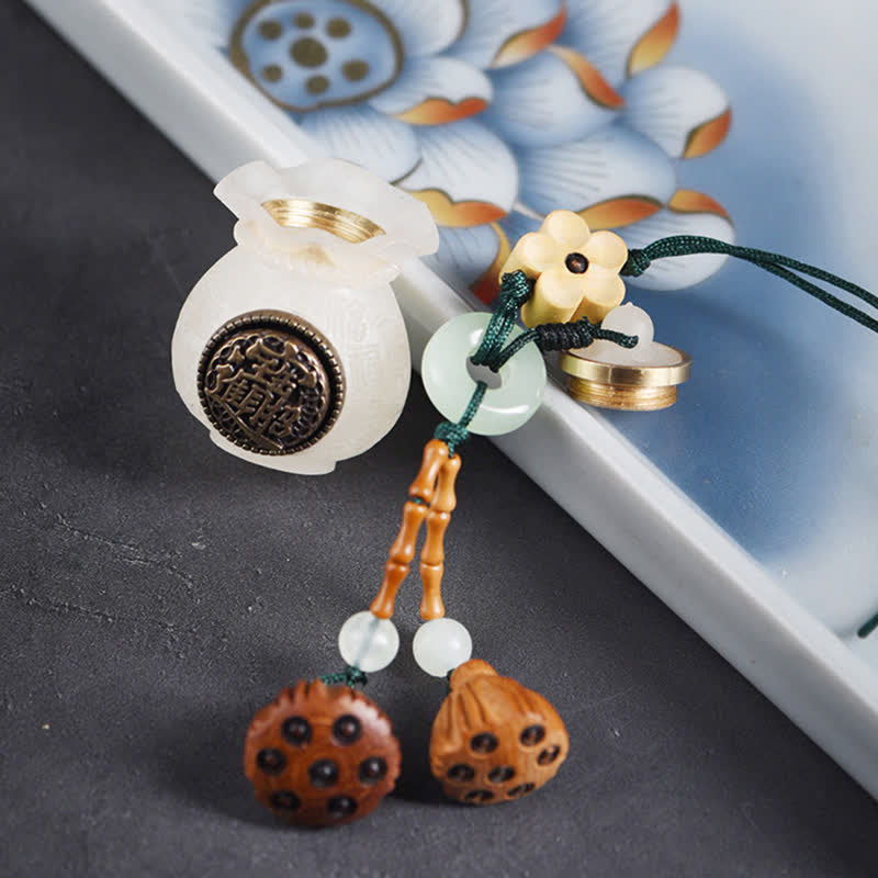 Buddha Stones Good Fortune Money Bag Attract Wealth Peach Wood Lotus Pod Tassel Keychains - image 3