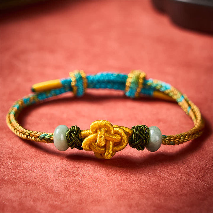 Buddha Stones Handmade Braided Yellow Green Osmanthus Knot Jade Luck Adjustable Bracelet - 5.9-7.5  in / 15-19cm - image 0