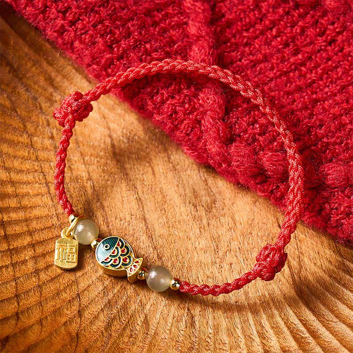 Buddha Stones Hand-Woven Koi Fish Fu Character Jade Beads Protection Rope Bracelet - Red(Wrist Circumference: 5.9–8.3 in / 15–21 cm) - image 11