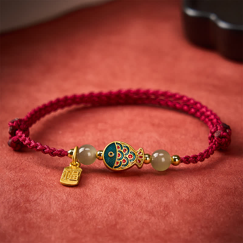 Buddha Stones Hand-Woven Koi Fish Fu Character Jade Beads Protection Rope Bracelet - image 1
