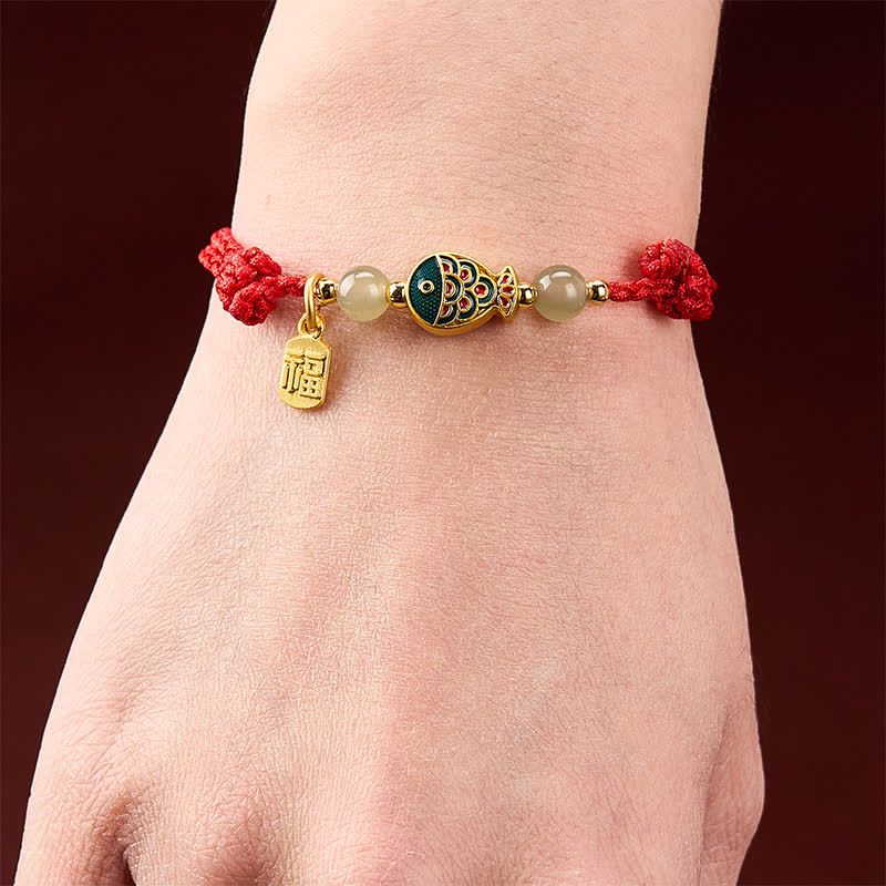 Buddha Stones Hand-Woven Koi Fish Fu Character Jade Beads Protection Rope Bracelet - image 14