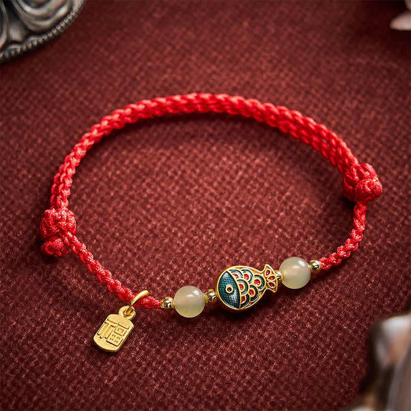 Buddha Stones Hand-Woven Koi Fish Fu Character Jade Beads Protection Rope Bracelet - image 13