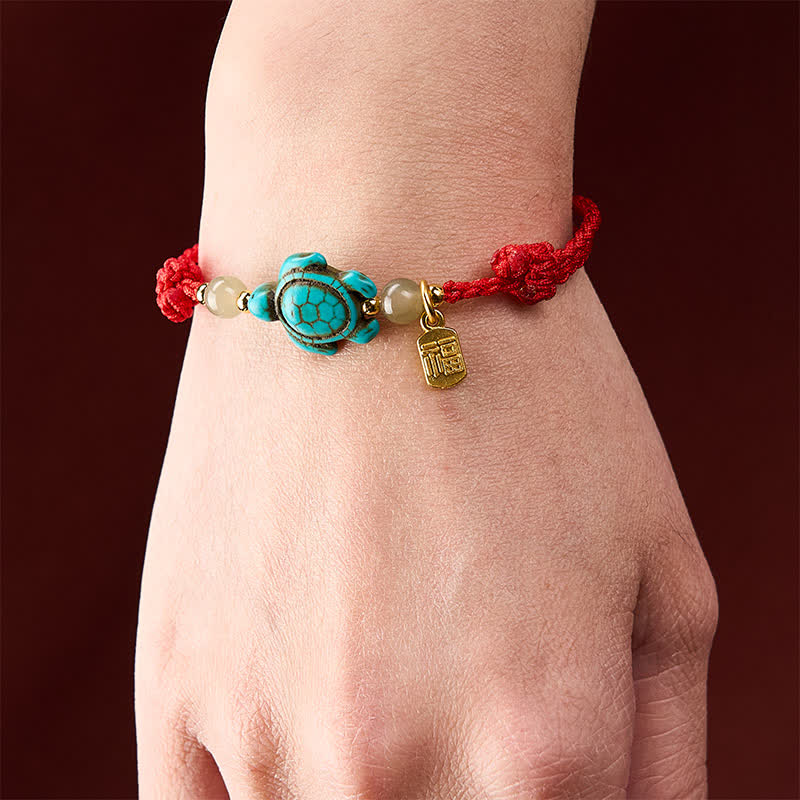 Buddha Stones Hand-Woven Turquoise Turtle Fu Character Jade Beads Luck Rope Bracelet - image 14