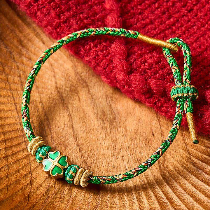 Buddha Stones Hand-Woven String Heart-Shaped Green Four Leaf Clover Strength Rope Bracelet - image 1