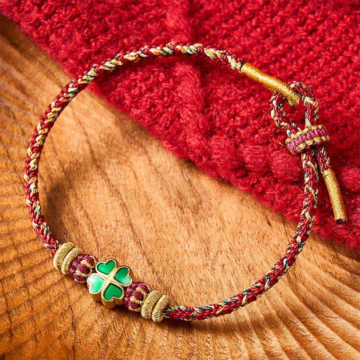 Buddha Stones Hand-Woven String Heart-Shaped Green Four Leaf Clover Strength Rope Bracelet - Red(Wrist Circumference: 5.9-7.5 in / 15-19cm) - image 10
