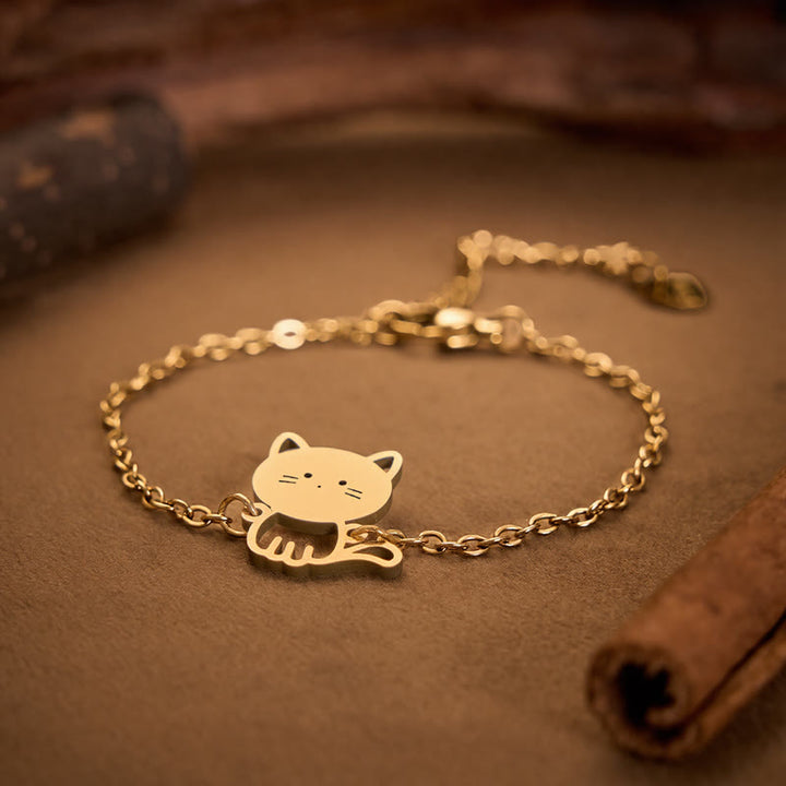 Buddha Stones Titanium Steel Minimalist Cat Charm Protection Chain Bracelet - image 1
