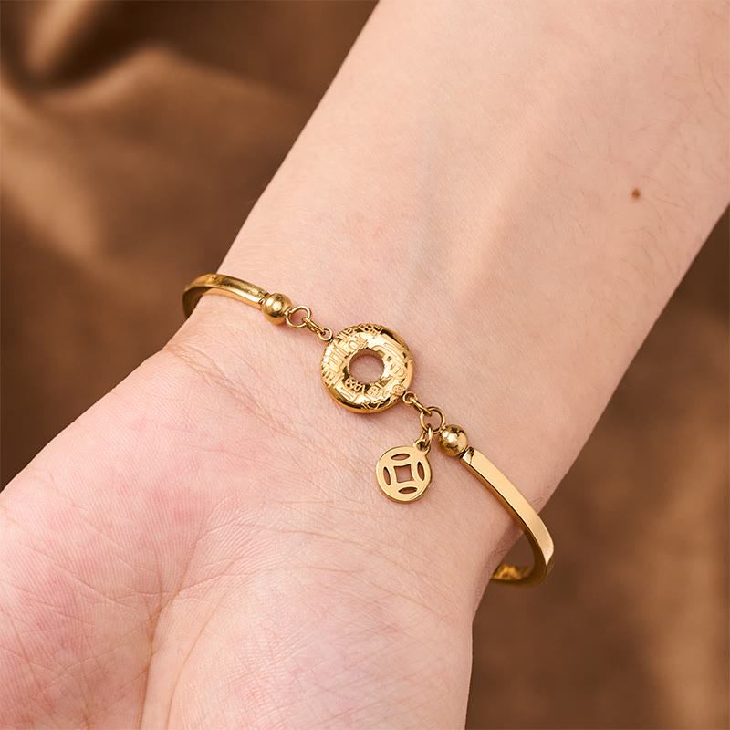 Buddha Stones Titanium Steel Peace Buckle Fu Character Chinese Coin Pendant Open Chain Bracelet - image 3