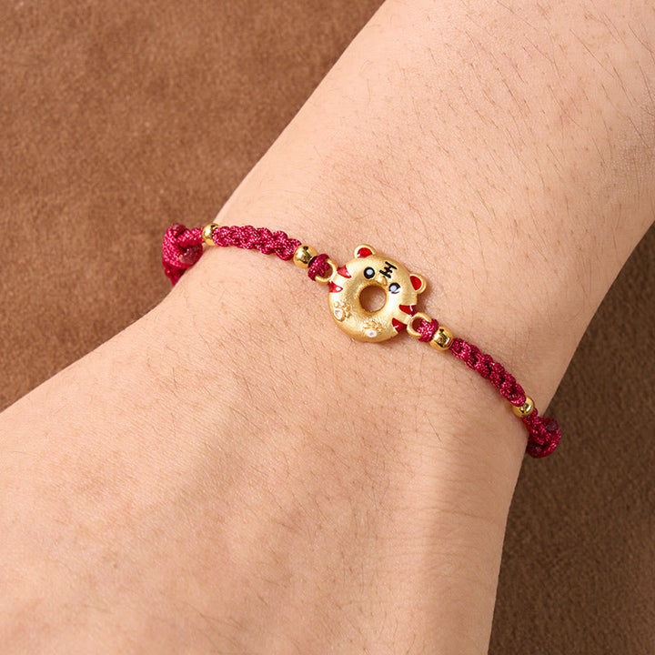 Buddha Stones Copper Tiger Peace Buckle Hand Woven Grounding Red String Adjustable Bracelet - image 4