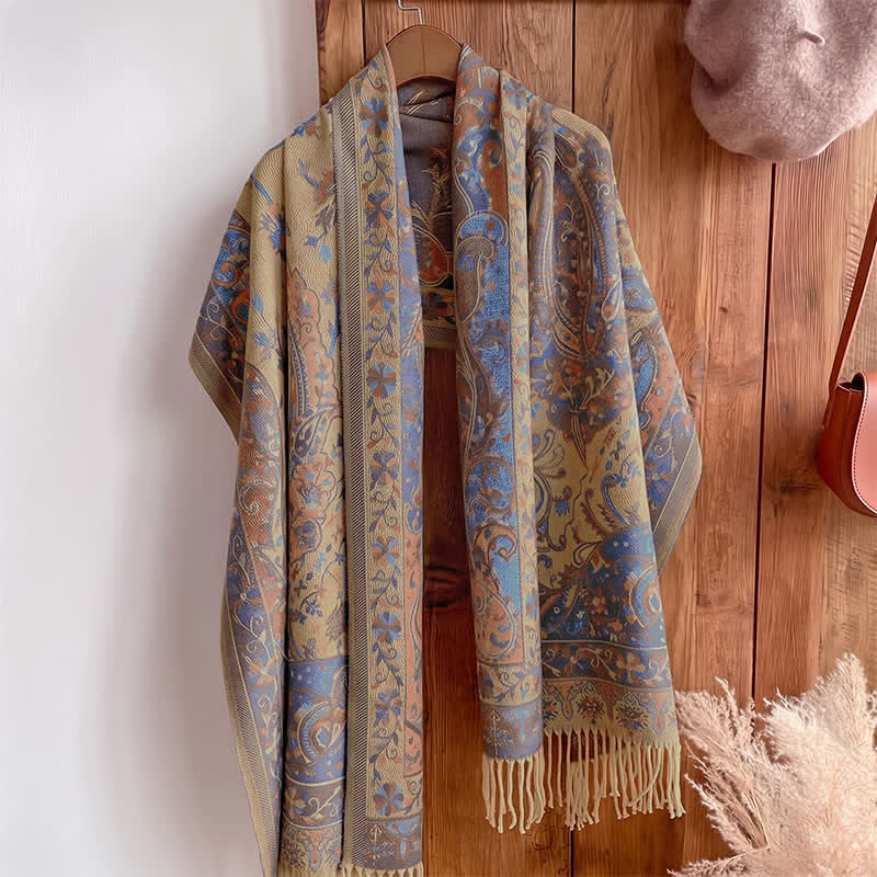 Buddha Stones Tibetan Flower Branch Tassel Shawl Cozy Travel Scarf Wrap - Khaki 200*65 cm - image 16