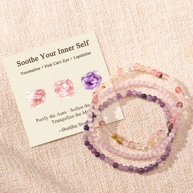Buddha Stones 3pcs "Soothe Your Inner Self" Tourmaline Protection Bracelet Includes Gift Message Card - Tourmaline Pink Cat's Eye Lepidolite - 6.3–6.7 in (16–17 cm) - image 0