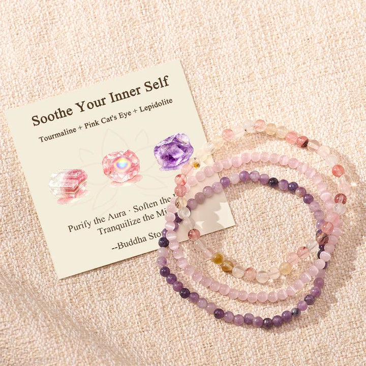 Buddha Stones 3pcs "Soothe Your Inner Self" Tourmaline Protection Bracelet Includes Gift Message Card - Tourmaline Pink Cat's Eye Lepidolite - 6.3–6.7 in (16–17 cm) - image 0