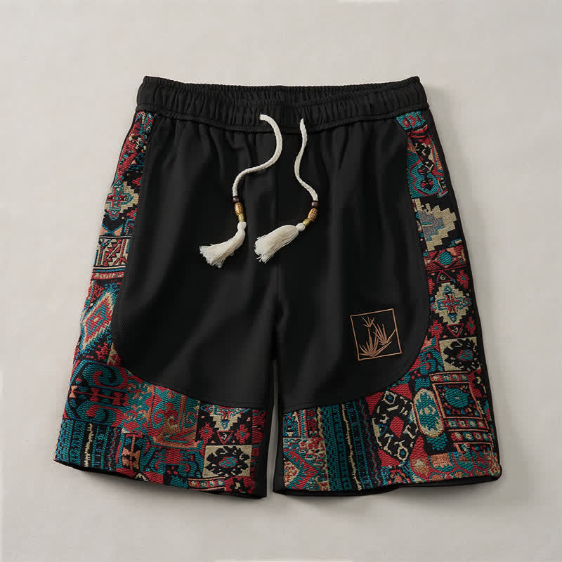 Buddha Stones Summer Boho Drawstring Elastic Waist Geometric Trim Men's Shorts With Pockets - Black - US/UK/AU46, EU56 (5XL) - image 8