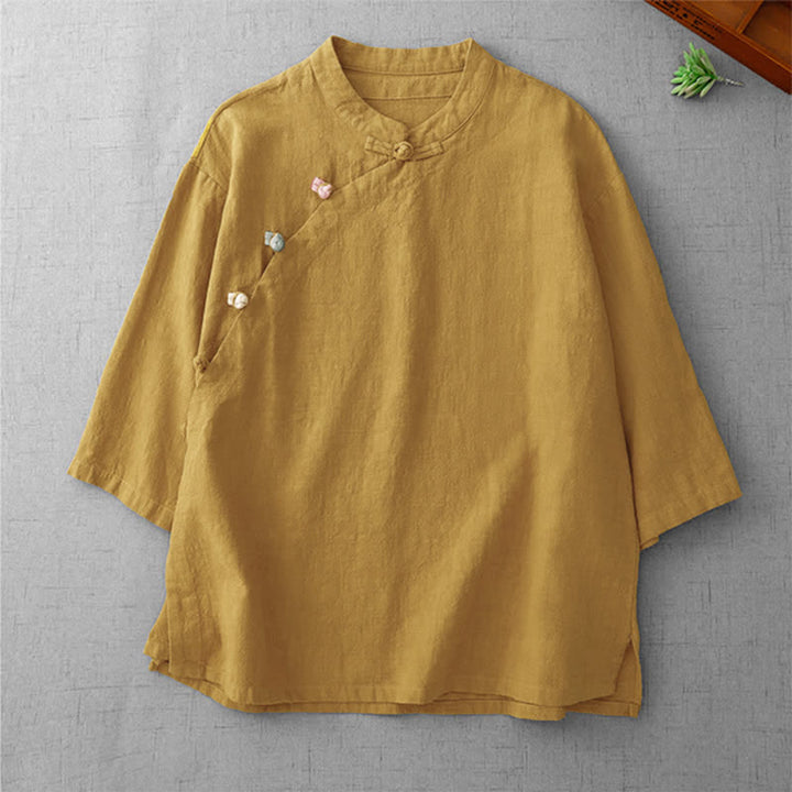 Buddha Stones Summer Tang Style Vintage Mandarin Collar Frog Button Solid Women's Elbow-Length Sleeve Shirts - Goldenrod - US8-10, UK/AU12-14, EU40-42 (2XL) - image 0