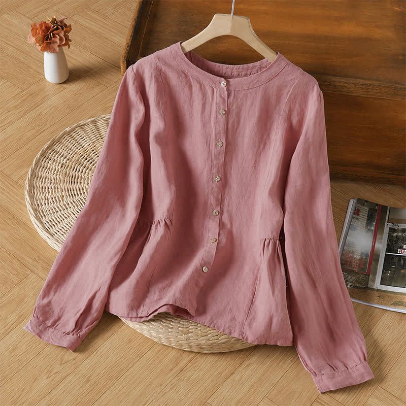 Buddha Stones Spring Fall Casual Minimalist Button-Up Crew Neck Solid Women's Long Sleeve Shirts - LightPink - US8-10, UK/AU12-14, EU40-42 (2XL) - image 1