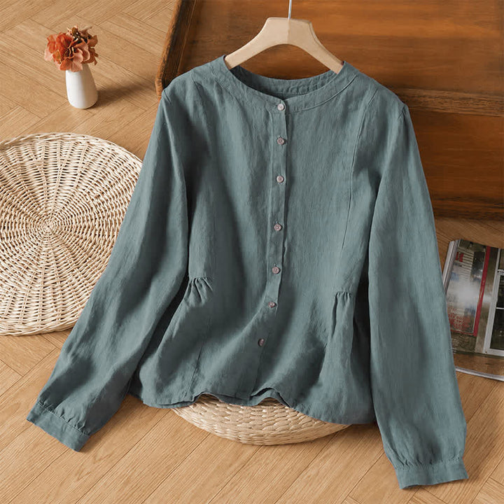 Buddha Stones Spring Fall Casual Minimalist Button-Up Crew Neck Solid Women's Long Sleeve Shirts - Teal - US8-10, UK/AU12-14, EU40-42 (2XL) - image 0