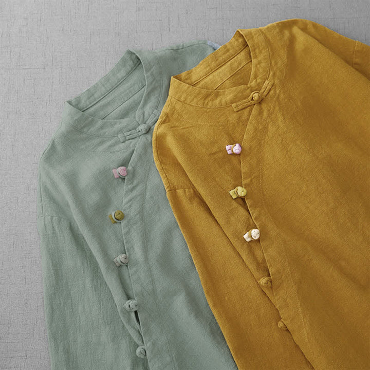 Buddha Stones Summer Tang Style Vintage Mandarin Collar Frog Button Solid Women's Elbow-Length Sleeve Shirts - image 13
