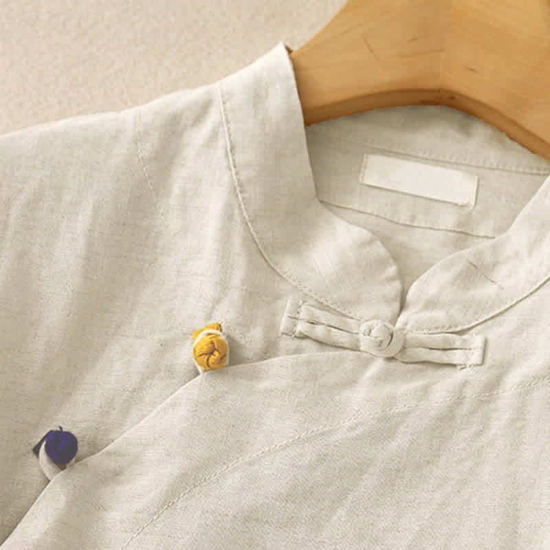 Buddha Stones Summer Tang Style Minimalist Mandarin Collar Solid Women's Short Sleeve Shirts - image 2