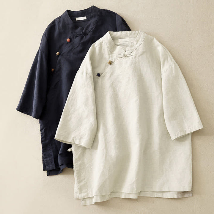 Buddha Stones Summer Tang Style Minimalist Mandarin Collar Solid Women's Short Sleeve Shirts - image 17