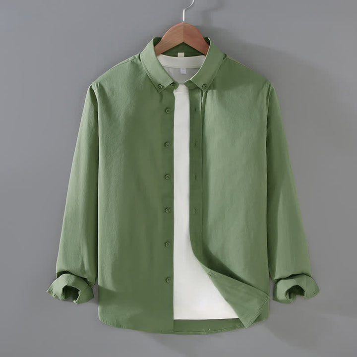Buddha Stones Spring Fall Casual Minimalist Button-Up Solid Cotton Men's Long Sleeve Shirts - DarkSeaGreen - US/UK/AU42, EU52 (3XL) - image 12