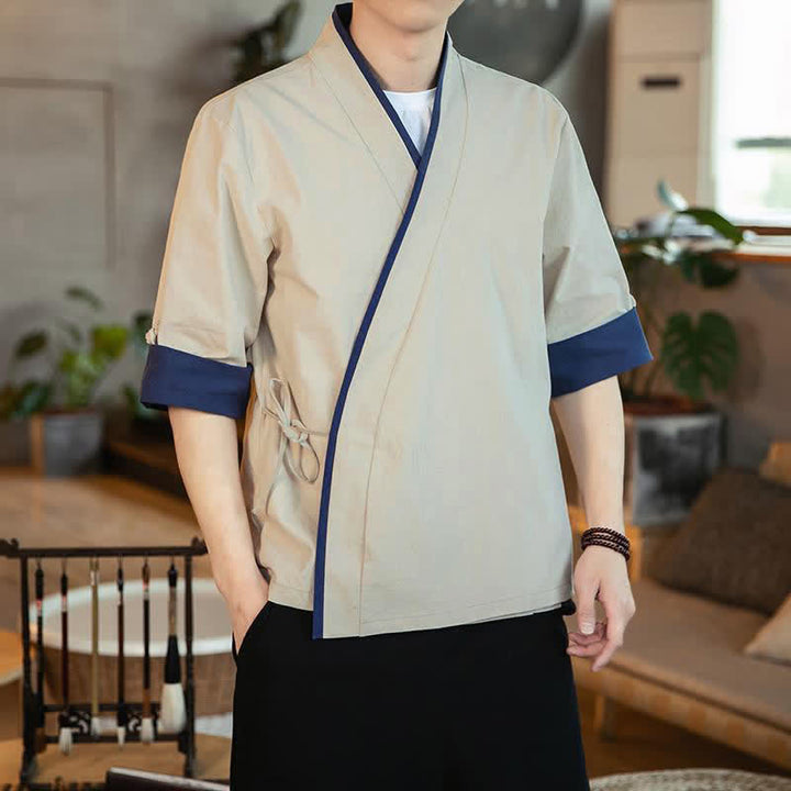 Buddha Stones Summer Tang Style Minimalist Drawstring V-Neck Solid Three-Quarter Sleeve Men's Kimono - Beige - US/UK/AU46, EU56 (5XL) - image 12