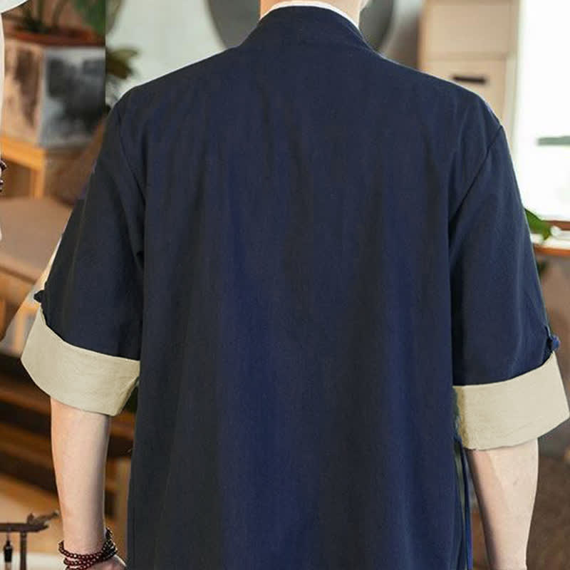 Buddha Stones Summer Tang Style Minimalist Drawstring V-Neck Solid Three-Quarter Sleeve Men's Kimono - image 6