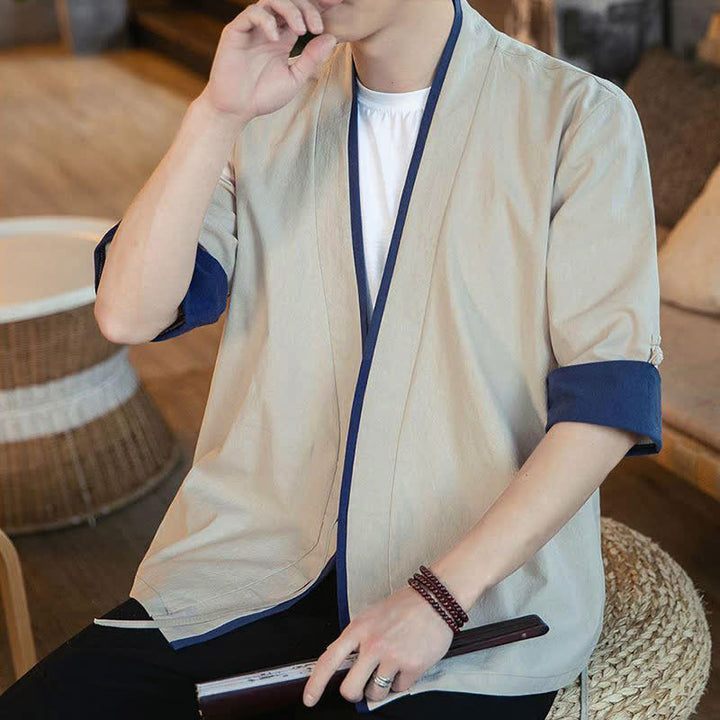 Buddha Stones Summer Tang Style Minimalist Drawstring V-Neck Solid Three-Quarter Sleeve Men's Kimono - image 15