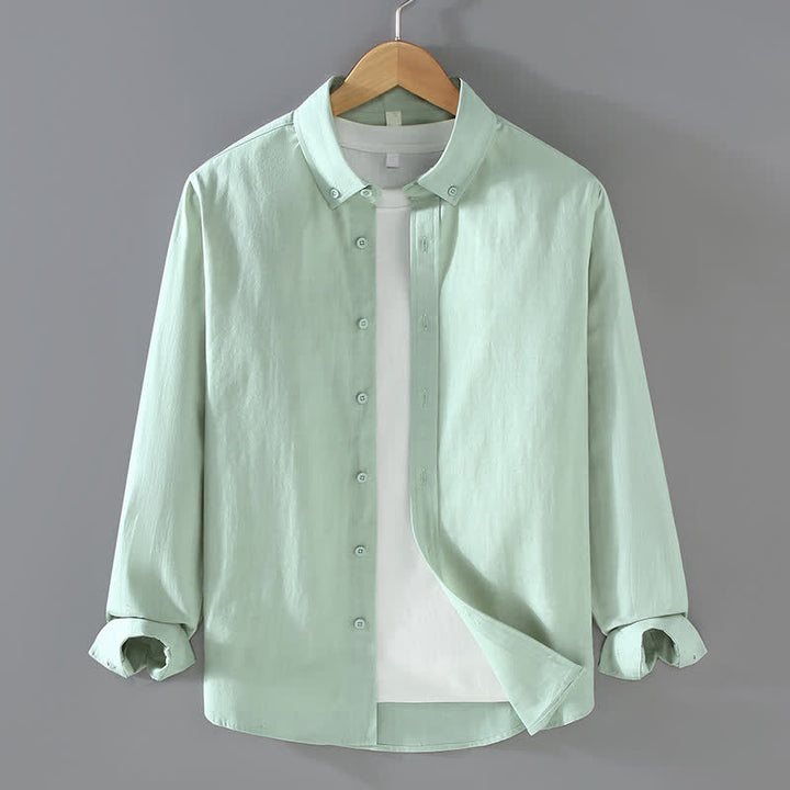 Buddha Stones Spring Fall Casual Minimalist Button-Up Solid Cotton Men's Long Sleeve Shirts - LightGreen - US/UK/AU42, EU52 (3XL) - image 10