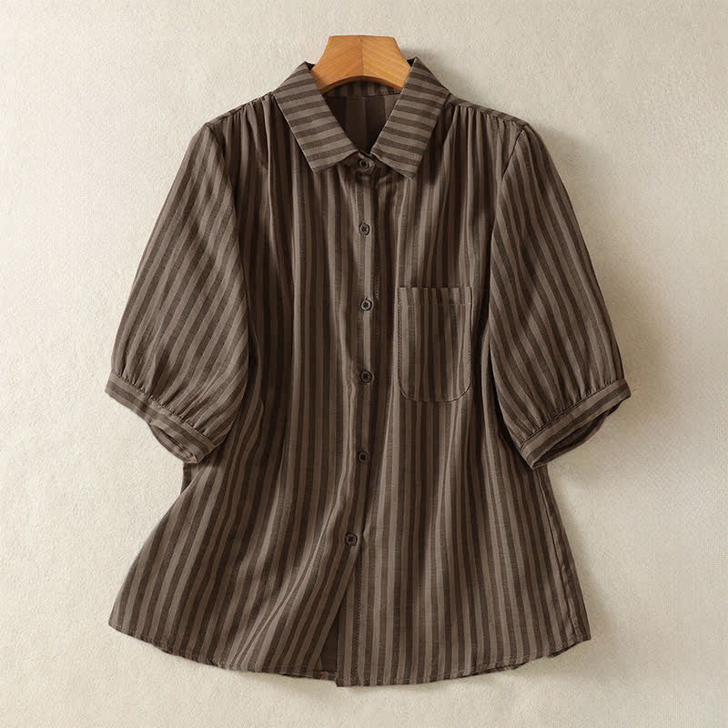 Buddha Stones Summer Casual Button-Up Striped Women's Short Sleeve Shirts With Patch Pocket - SaddleBrown - US12, UK/AU16, EU44 (3XL) - image 13