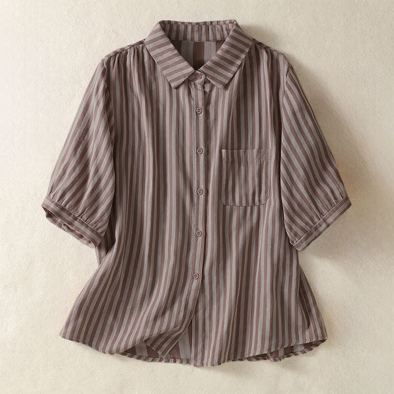 Buddha Stones Summer Casual Button-Up Striped Women's Short Sleeve Shirts With Patch Pocket - RosyBrown - US12, UK/AU16, EU44 (3XL) - image 8