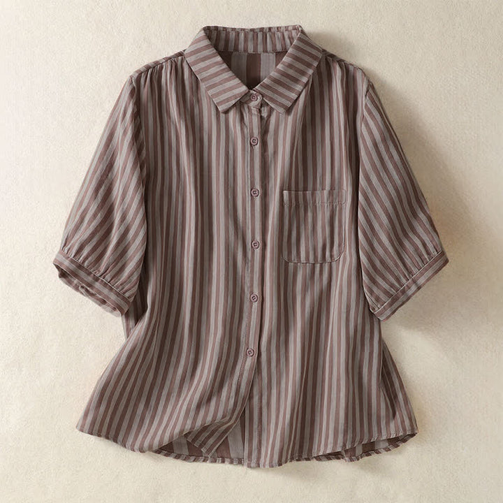 Buddha Stones Summer Casual Button-Up Striped Women's Short Sleeve Shirts With Patch Pocket - RosyBrown - US12, UK/AU16, EU44 (3XL) - image 8