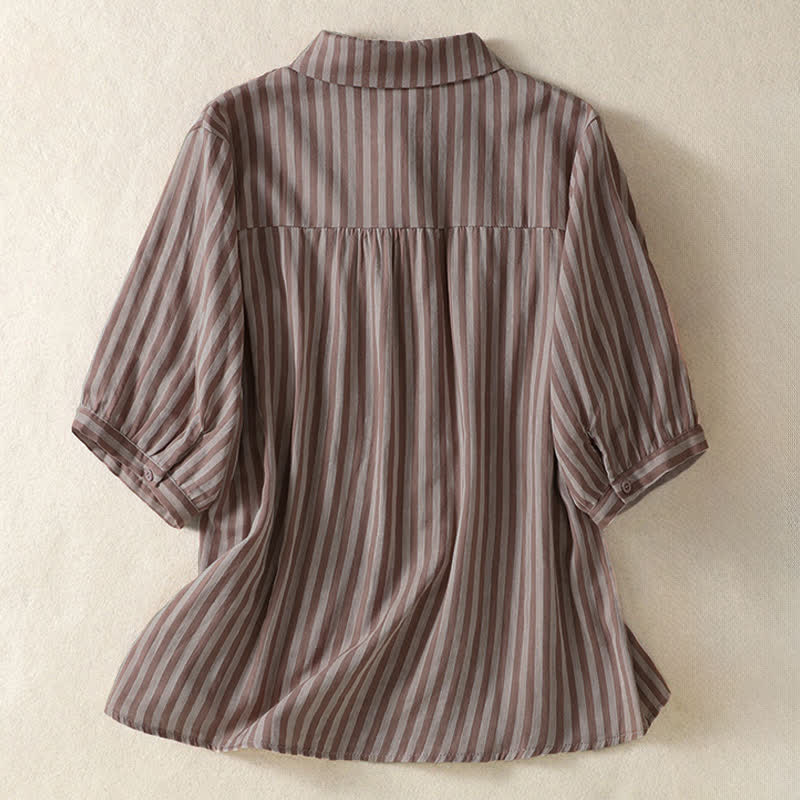 Buddha Stones Summer Casual Button-Up Striped Women's Short Sleeve Shirts With Patch Pocket - image 9