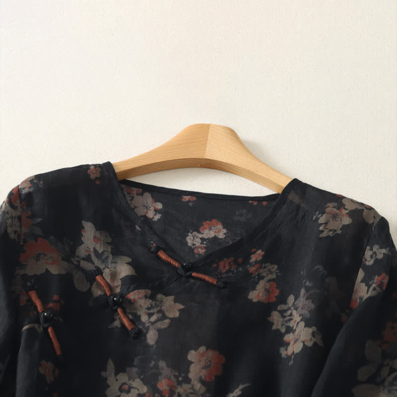 Buddha Stones Summer Tang Style Vintage Frog Button V-Neck Floral Women's Elbow-Length Sleeve Shirts - image 1