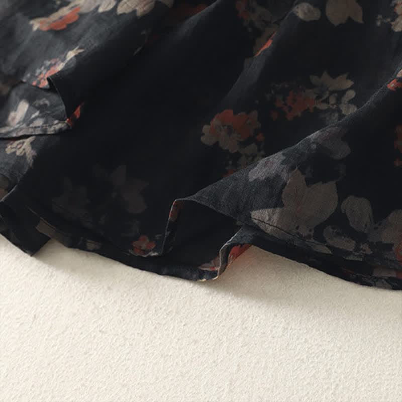 Buddha Stones Summer Tang Style Vintage Frog Button V-Neck Floral Women's Elbow-Length Sleeve Shirts - image 4