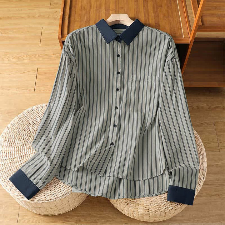Buddha Stones Spring Summer Casual Minimalist Button-Up Striped Contrast Trim Women's Long Sleeve Shirts With Patch Pocket - Gainsboro - US12, UK/AU16, EU44 (2XL) - image 1