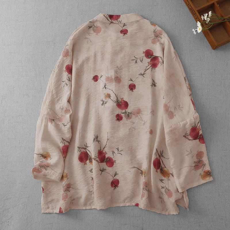 Buddha Stones Summer Tang Style Vintage Frog Button Pomegranate Print Women's Short Sleeve Shirts - image 1