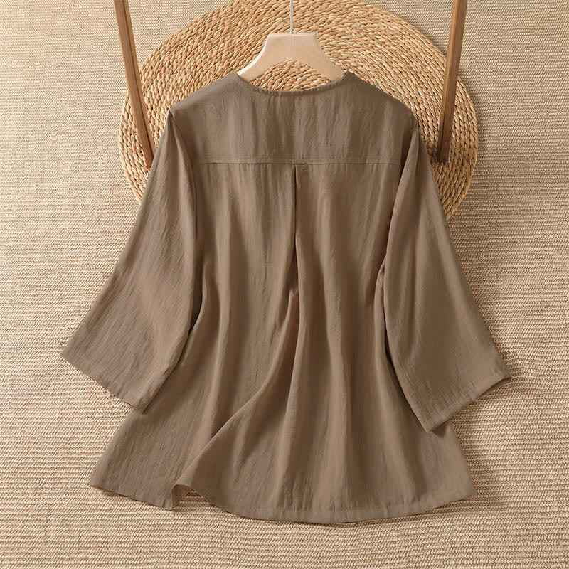Buddha Stones Spring Casual Minimalist Button-Up Solid Women's Three-Quarter Sleeve Shirts With Patch Pocket - image 8