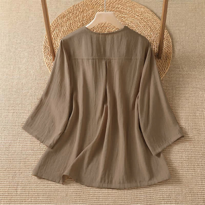 Buddha Stones Spring Casual Minimalist Button-Up Solid Women's Three-Quarter Sleeve Shirts With Patch Pocket - image 8