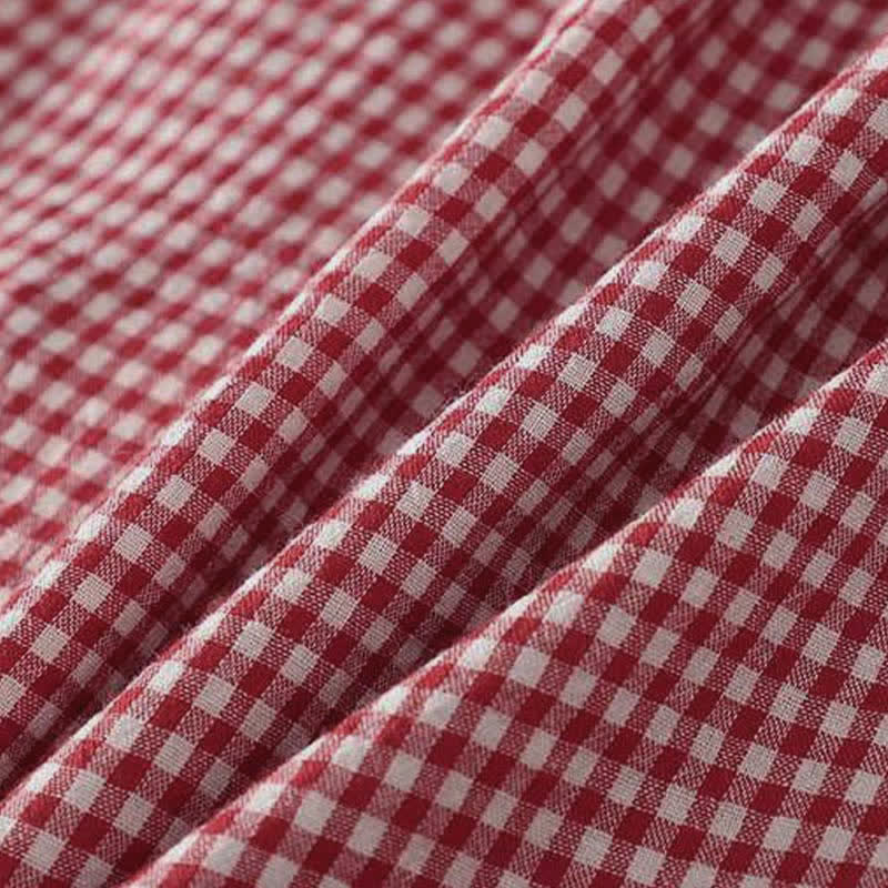 Buddha Stones Summer Casual Vintage Button-Up Red Plaid Crew Neck Women's Short Sleeve Shirts - image 10