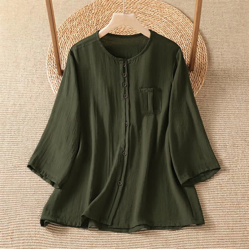 Buddha Stones Spring Casual Minimalist Button-Up Solid Women's Three-Quarter Sleeve Shirts With Patch Pocket - DarkOliveGreen - US4-8/10，UK/AU8-12/14，EU36-40/42 (F) - image 15