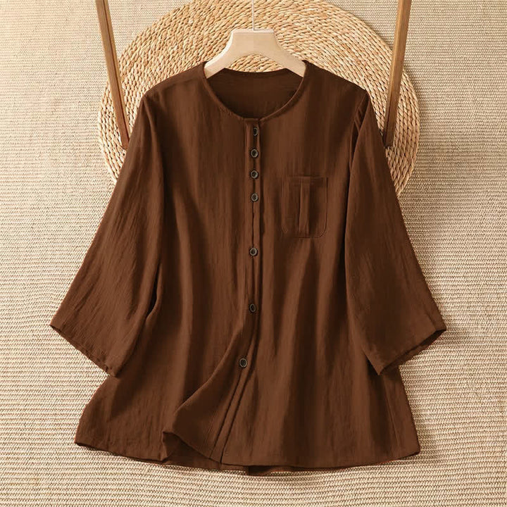Buddha Stones Spring Casual Minimalist Button-Up Solid Women's Three-Quarter Sleeve Shirts With Patch Pocket - Sienna - US4-8/10，UK/AU8-12/14，EU36-40/42 (F) - image 0