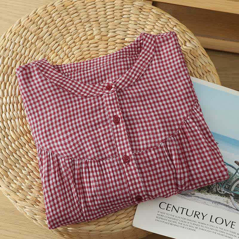 Buddha Stones Summer Casual Vintage Button-Up Red Plaid Crew Neck Women's Short Sleeve Shirts - image 2