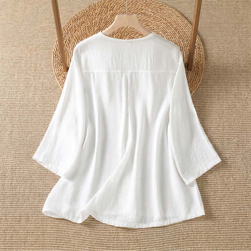 Buddha Stones Spring Casual Minimalist Button-Up Solid Women's Three-Quarter Sleeve Shirts With Patch Pocket - image 30