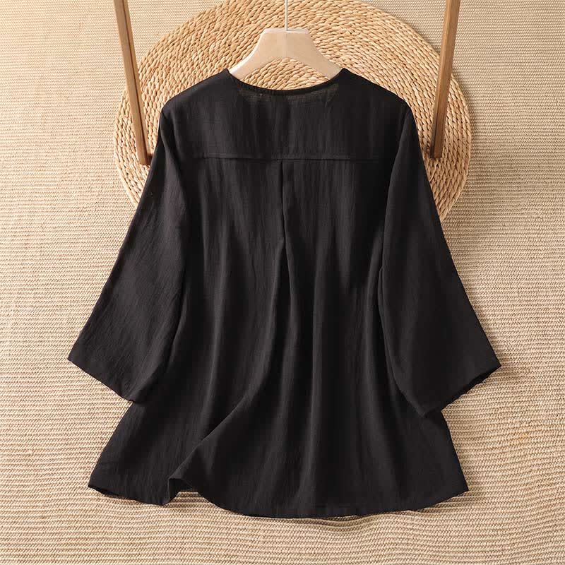 Buddha Stones Spring Casual Minimalist Button-Up Solid Women's Three-Quarter Sleeve Shirts With Patch Pocket - image 23