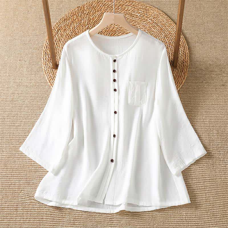 Buddha Stones Spring Casual Minimalist Button-Up Solid Women's Three-Quarter Sleeve Shirts With Patch Pocket - White - US4-8/10，UK/AU8-12/14，EU36-40/42 (F) - image 29