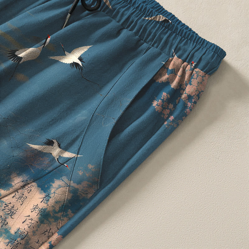 Buddha Stones Pure Cotton Crane Cloud Calligraphy Pattern Drawstring Men's Tapered Pants With Pockets - image 4