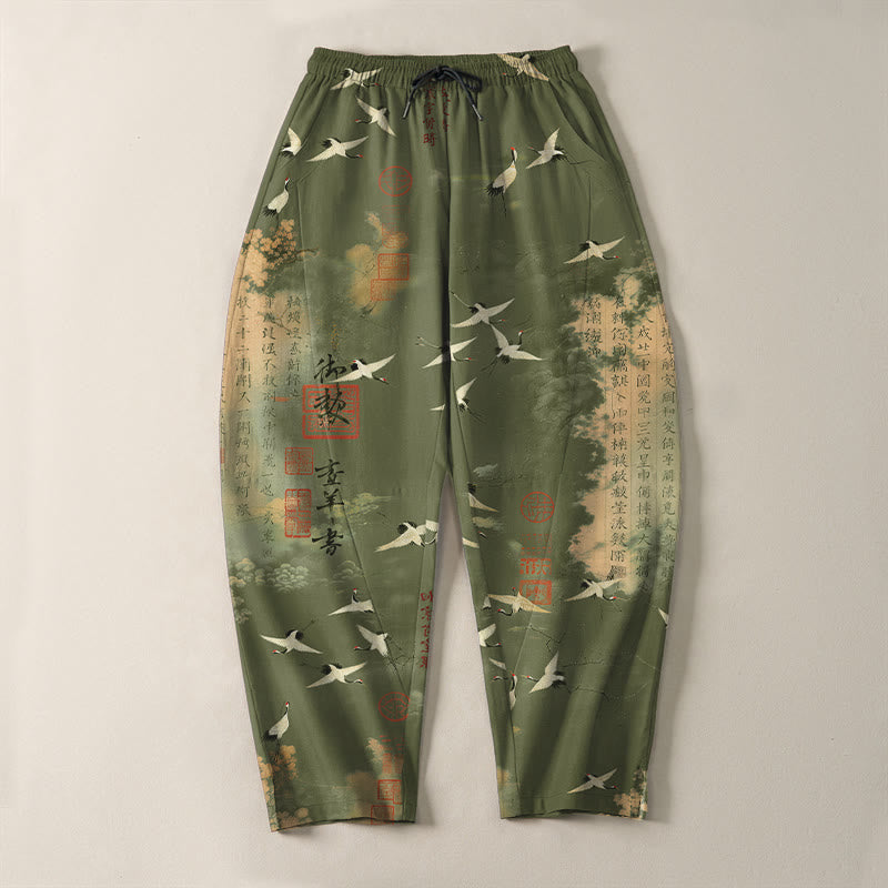 Buddha Stones Pure Cotton Crane Cloud Calligraphy Pattern Drawstring Men's Tapered Pants With Pockets - image 13