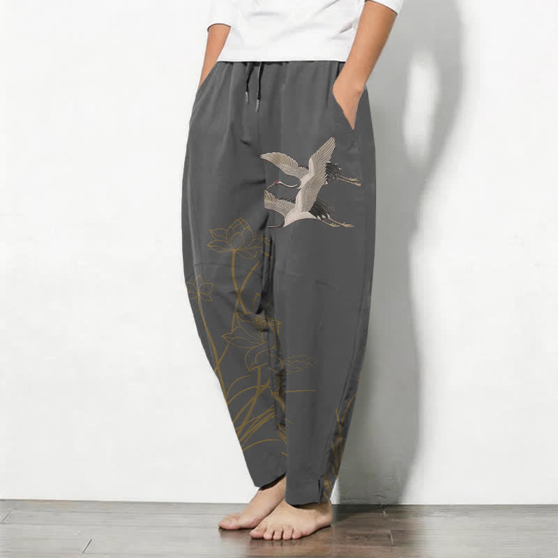 Buddha Stones Pure Cotton Flying Crane Lotus Pattern Drawstring Men's Tapered Pants With Pockets - image 1