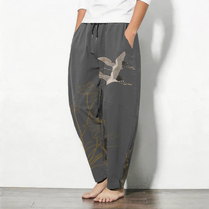 Buddha Stones Pure Cotton Flying Crane Lotus Pattern Drawstring Men's Tapered Pants With Pockets - image 1
