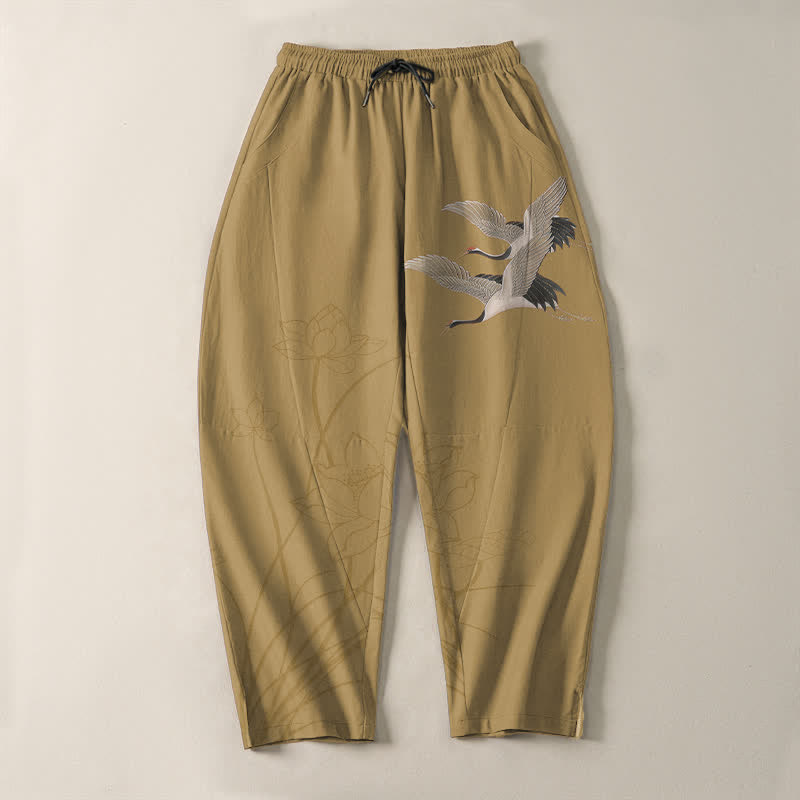 Buddha Stones Pure Cotton Flying Crane Lotus Pattern Drawstring Men's Tapered Pants With Pockets - image 9