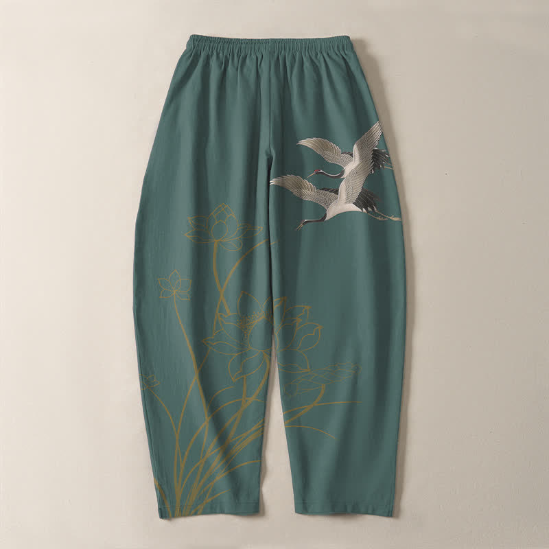 Buddha Stones Pure Cotton Flying Crane Lotus Pattern Drawstring Men's Tapered Pants With Pockets - image 14